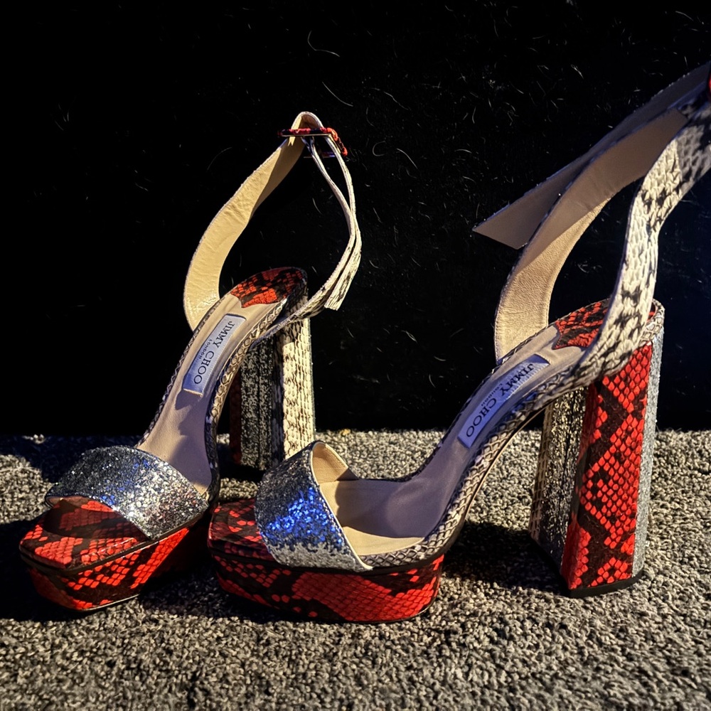 Jimmy Choo Red and Black Snakeskin Heels